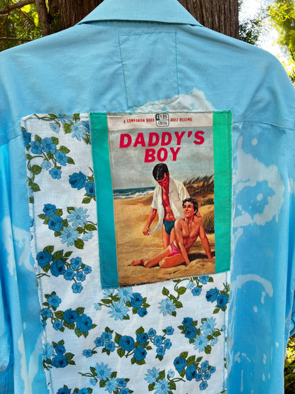 "Daddy's Boy" Button Up Upcycled Blue Long Sleeve Size Large