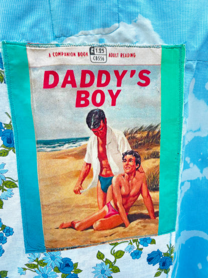"Daddy's Boy" Button Up Upcycled Blue Long Sleeve Size Large