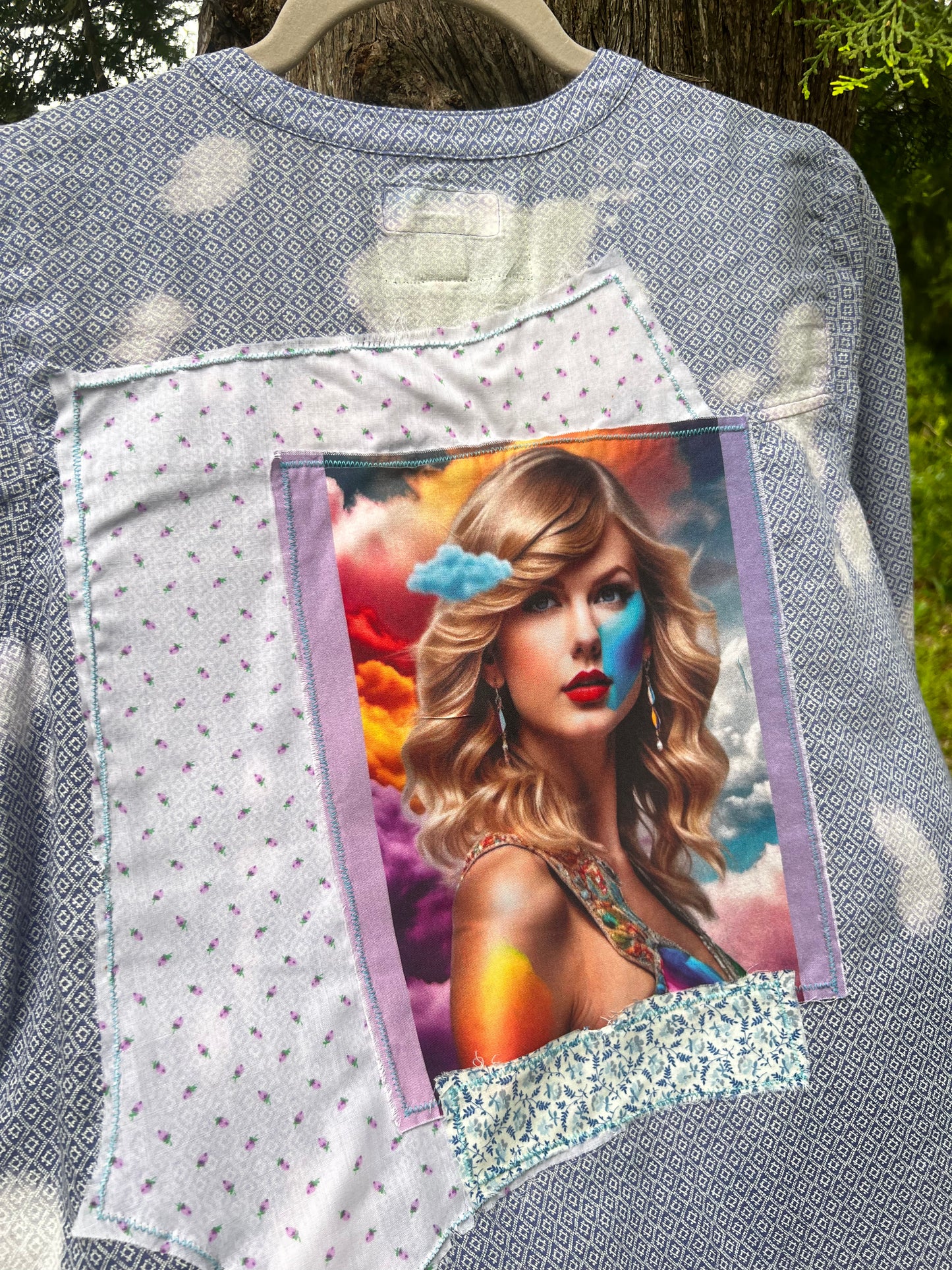Rainbow Clouds & Taylor Swift - Upcycled Bleached Long Sleeve Pullover Size Medium
