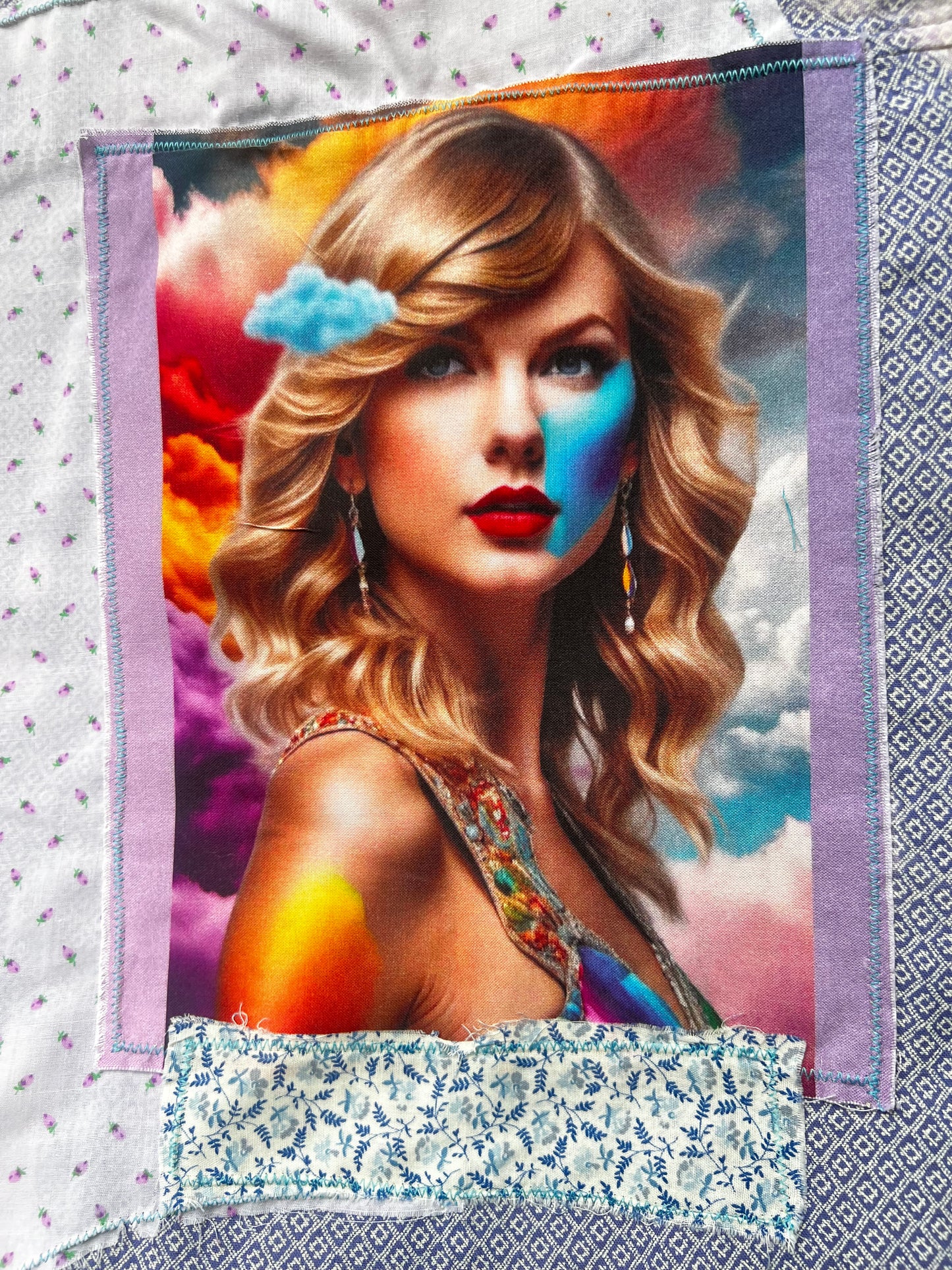 Rainbow Clouds & Taylor Swift - Upcycled Bleached Long Sleeve Pullover Size Medium