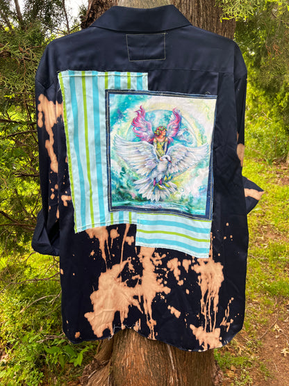"Fairy on a Dove" Upcycled Long Sleeve Button Up Shirt Size X-Large