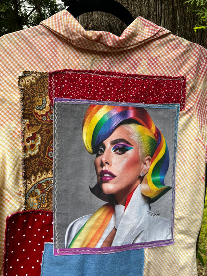 Lady Gaga with Rainbow hair - Upcycled Short Sleeve Top Size Medium