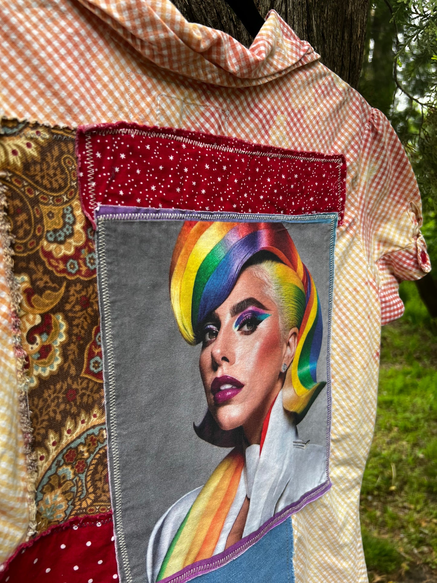 Lady Gaga with Rainbow hair - Upcycled Short Sleeve Top Size Medium