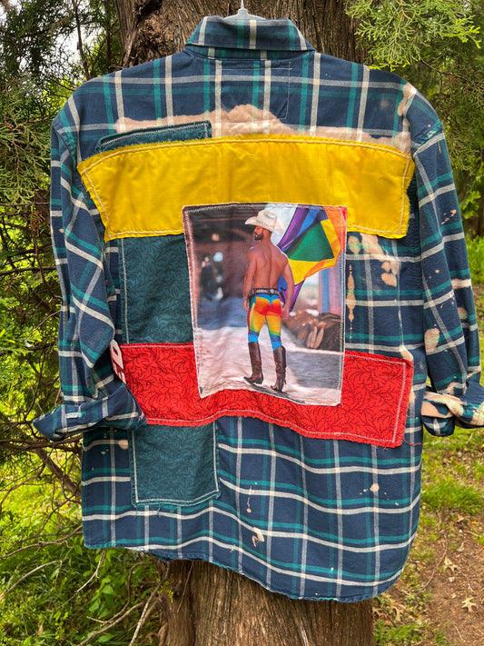 Rainbow Cowboy - Upcycled Green Button Up Shirt Size Small