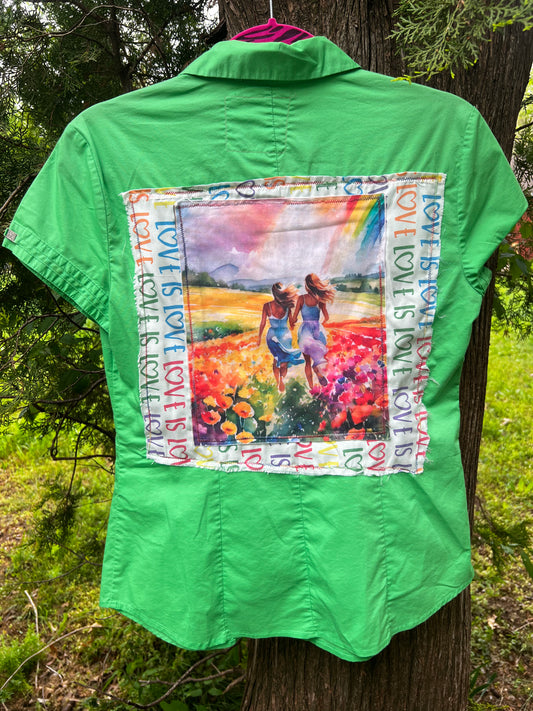 Rainbow Meadow of Love - Upcycled Kelley Green Short Sleeve Shirt Size Small
